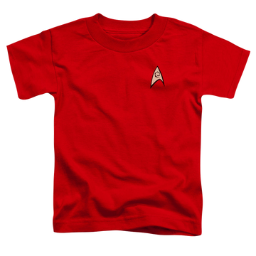 Red toddler t-shirt with Star Trek The Original Series Engineering Uniform graphic