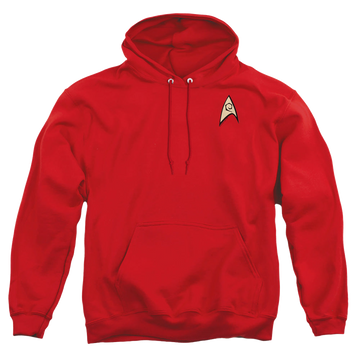 Red pullover hoodie with Star Trek The Original Series Engineering Uniform graphic