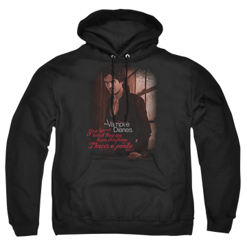 Black pullover hoodie with The Vampire Diaries Threes A Party graphic