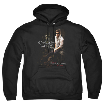 Black pullover hoodie with The Vampire Diaries I Used To Care graphic