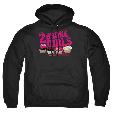 Black pullover hoodie with 2 Broke Girls Cupcakes graphic
