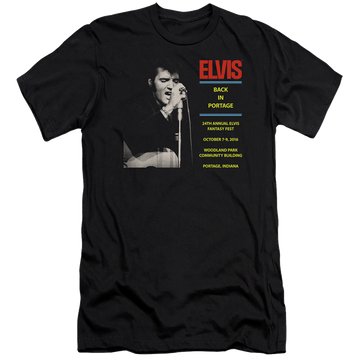 Black men's premium slim fit t-shirt with Elvis Presley Back In Portage graphic