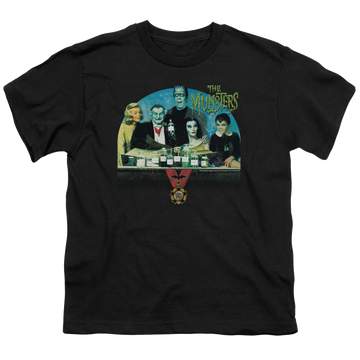 Black youth t-shirt for ages 8 to 12 with The Munsters 50 Year Potion graphic