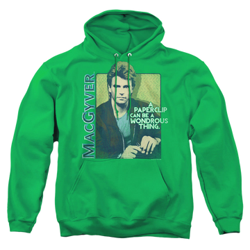 Kelly green pullover hoodie with MacGyver Wonderous Paperclip graphic