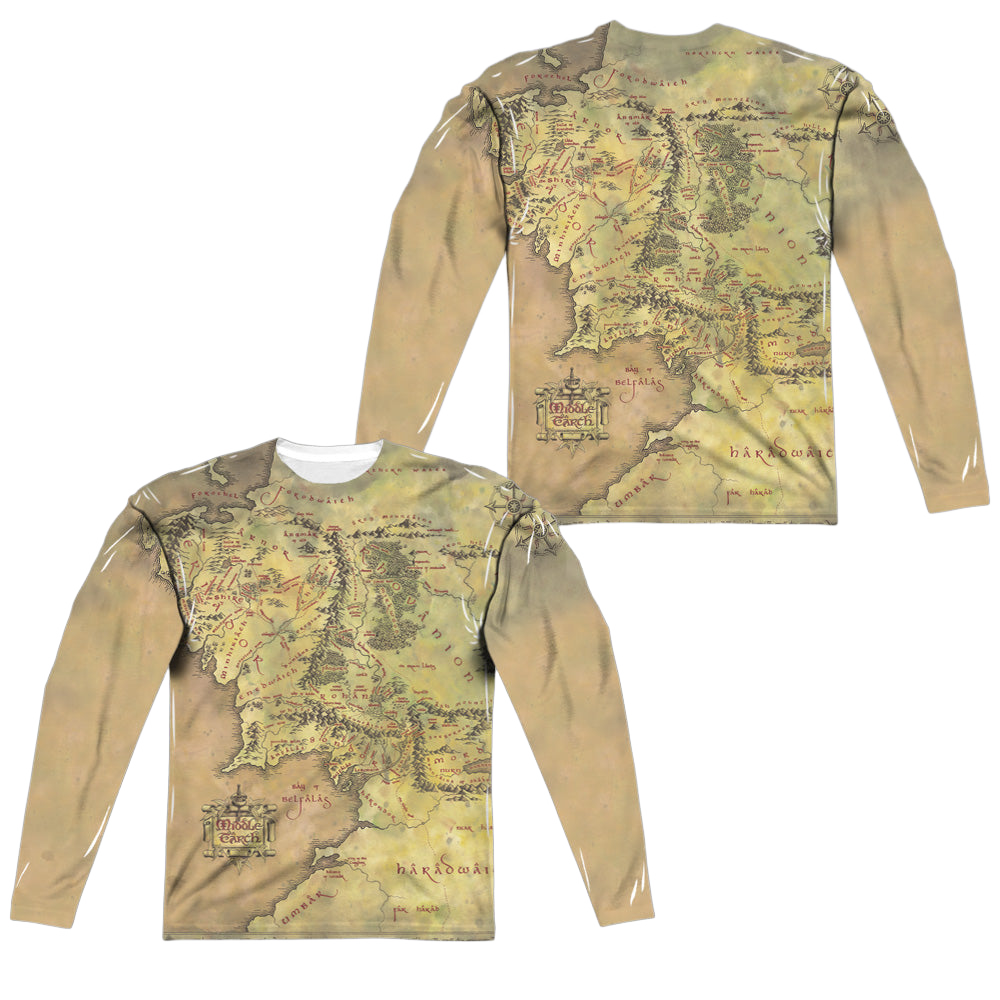 Lord of the Rings Trilogy, The Middle Earth Map (Front/Back Print) - Men's All-Over Print Long Sleeve Men's All-Over Print Long Sleeve Lord of the Rings Trilogy, The