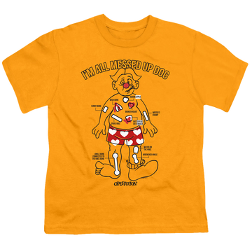 Gold kid's t-shirt for ages 4 to 7 with Hasbro Messed Up graphic