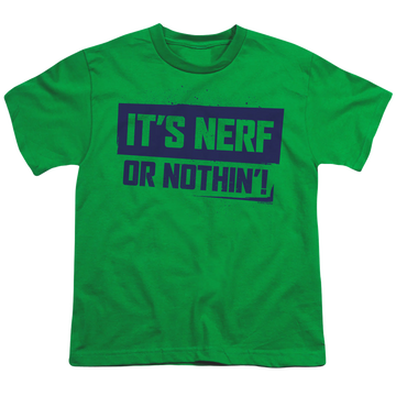 Gold kid's t-shirt for ages 4 to 7 with Hasbro Nerf Or Nothing graphic