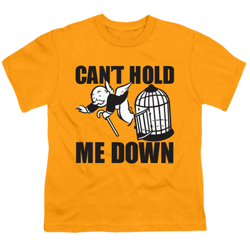 Gold kid's t-shirt for ages 4 to 7 with Hasbro Cant Hold Me Down No Logo graphic