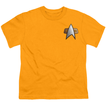 Gold kid's t-shirt for ages 4 to 7 with Star Trek Deep Space Nine Ds9 Engineering Emblem graphic
