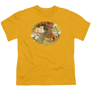 Gold kid's t-shirt for ages 4 to 7 with Wild Wings Kittens And Mums graphic