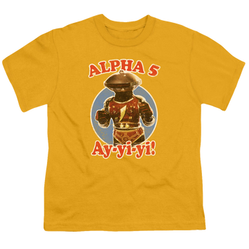Gold kid's t-shirt for ages 4 to 7 with Mighty Morphin Power Rangers Alpha 5 graphic