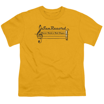 Gold kid's t-shirt for ages 4 to 7 with Sun Records Music Staff graphic