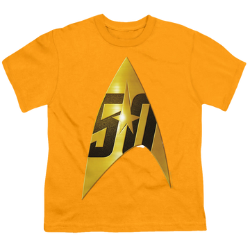 Gold kid's t-shirt for ages 4 to 7 with Star Trek The Original Series 50Th Anniversary Delta graphic