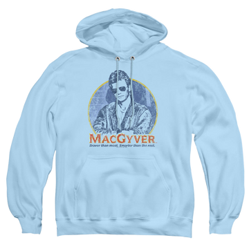 Light blue pullover hoodie with MacGyver Title graphic