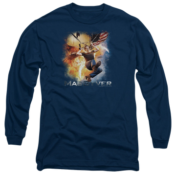Navy men's long sleeve t-shirt with Macgyver graphic