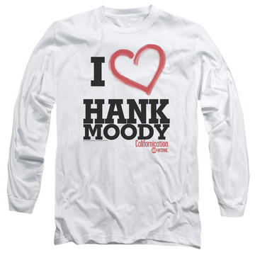 White men's long sleeve t-shirt with Californication I Heart Hank Moody graphic