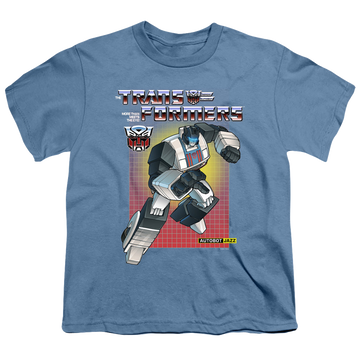 Carolina blue youth t-shirt for ages 8 to 12 with Transformers Jazz graphic