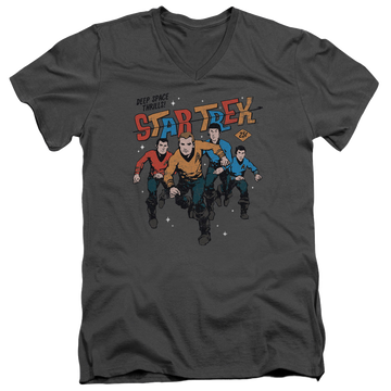 Charcoal men's v-neck t-shirt with Star Trek The Original Series Deep Space Thrills graphic
