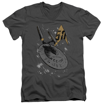 Charcoal men's v-neck t-shirt with Star Trek The Original Series Enterprise Dash graphic