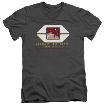 Charcoal men's v-neck t-shirt with Star Trek The Original Series Cochrane Library graphic