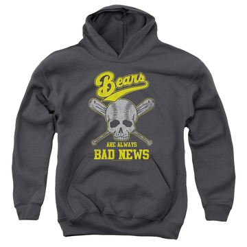 Charcoal youth hoodie for ages 8 to 12 with The Bad News Bears Always Bad News graphic