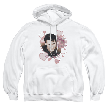 White pullover hoodie with Elvis Presley Love Me Tender graphic