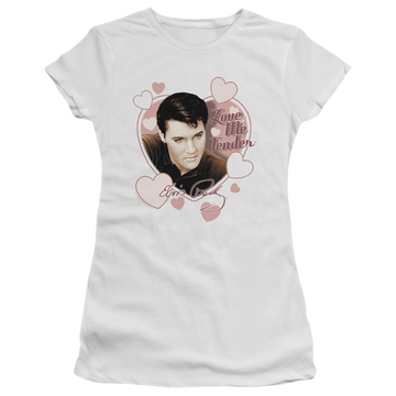 White juniors t-shirt with Elvis Presley Love Me Tender graphic