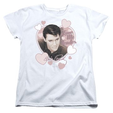 White women's t-shirt with Elvis Presley Love Me Tender graphic
