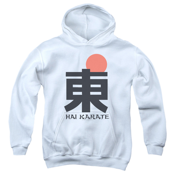 White youth hoodie for ages 8 to 12 with Hai Karate Logo graphic