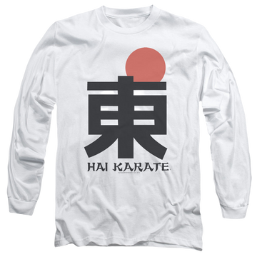 White men's long sleeve t-shirt with Hai Karate Logo graphic