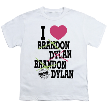 White youth t-shirt for ages 8 to 12 with Beverly Hills 90210 I Heart 90210 graphic