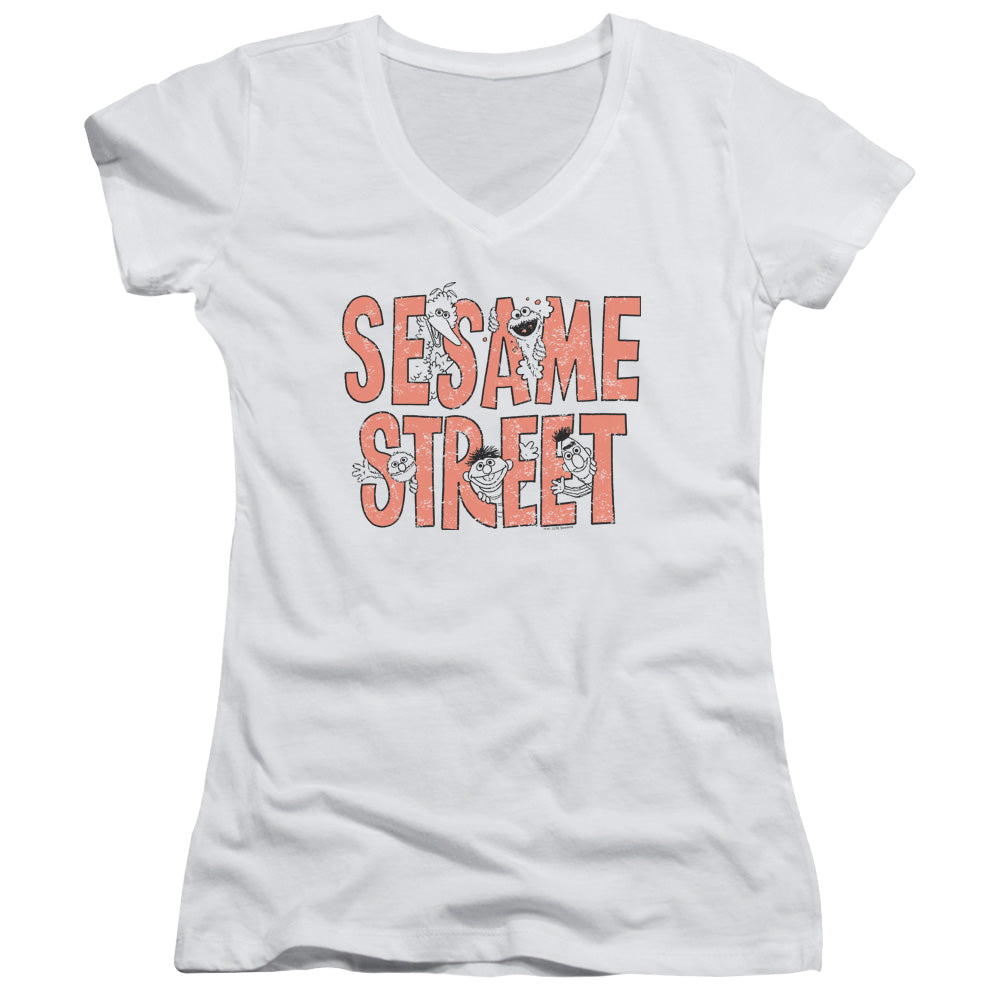 Sesame Street In Letters - Juniors V-Neck T-Shirt Juniors V-Neck T-Shirt Sesame Street