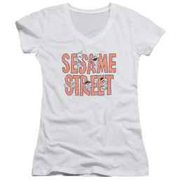 Sesame Street In Letters - Juniors V-Neck T-Shirt Juniors V-Neck T-Shirt Sesame Street
