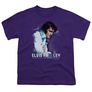 Purple youth t-shirt for ages 8 to 12 with Elvis Presley 35Th Anniversary 2 graphic