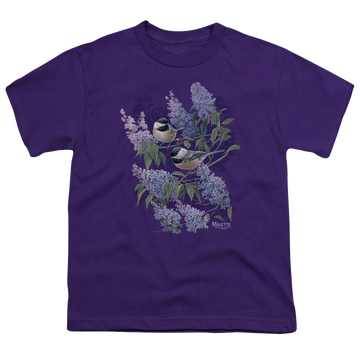Purple youth t-shirt for ages 8 to 12 with Wild Wings Chickadees And Lilacs graphic