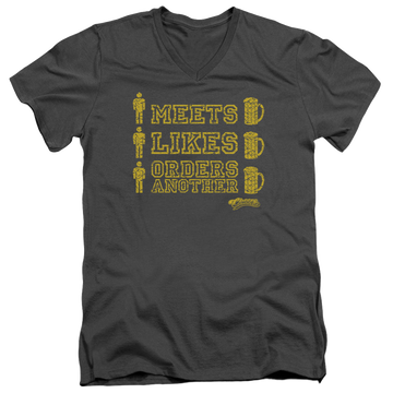 Charcoal men's v-neck t-shirt with Cheers Man Meets Beer graphic