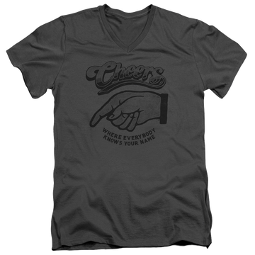 Charcoal men's v-neck t-shirt with Cheers The Standard graphic