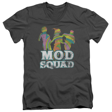 Charcoal men's v-neck t-shirt with The Mod Squad Run Groovy graphic