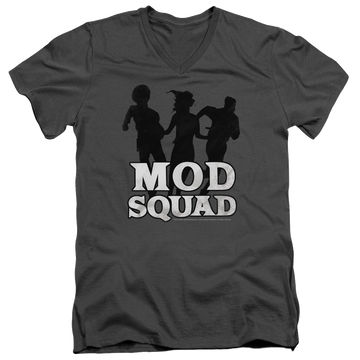 Charcoal men's v-neck t-shirt with The Mod Squad Run Simple graphic