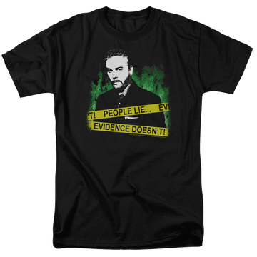 Black men's regular fit t-shirt with CSI People Lie graphic