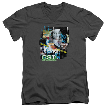 Charcoal men's v-neck t-shirt with CSI Evidence Collage graphic
