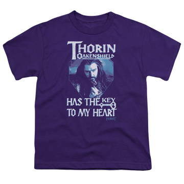 Purple youth t-shirt for ages 8 to 12 with The Hobbit Movie Trilogy Thorins Key graphic