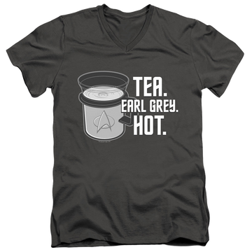 Charcoal men's v-neck t-shirt with Star Trek The Next Generation Earl Grey graphic