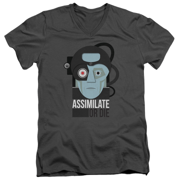 Charcoal men's v-neck t-shirt with Star Trek The Next Generation Assismilate Or Die graphic