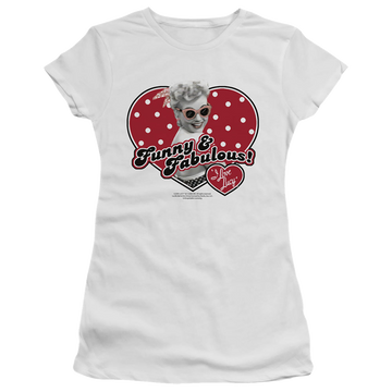 White juniors t-shirt with I Love Lucy Funny & Fabulous graphic