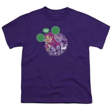 Purple youth t-shirt for ages 8 to 12 with Teen Titans Go! Yay graphic