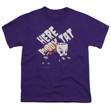 Purple youth t-shirt for ages 8 to 12 with Looney Tunes Franken Tweety graphic
