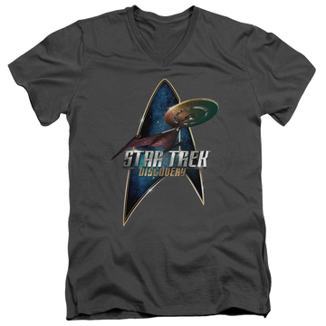 Charcoal men's v-neck t-shirt with Star Trek Discovery Discovery graphic