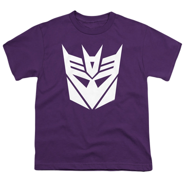 Purple youth t-shirt for ages 8 to 12 with Transformers Decepticon graphic