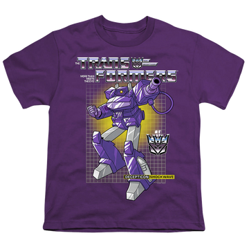 Purple youth t-shirt for ages 8 to 12 with Transformers Shockwave graphic